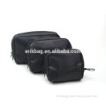 Hot sale all black cheap 3 in 1 cosmetic bag set for promotion with zip pocket
